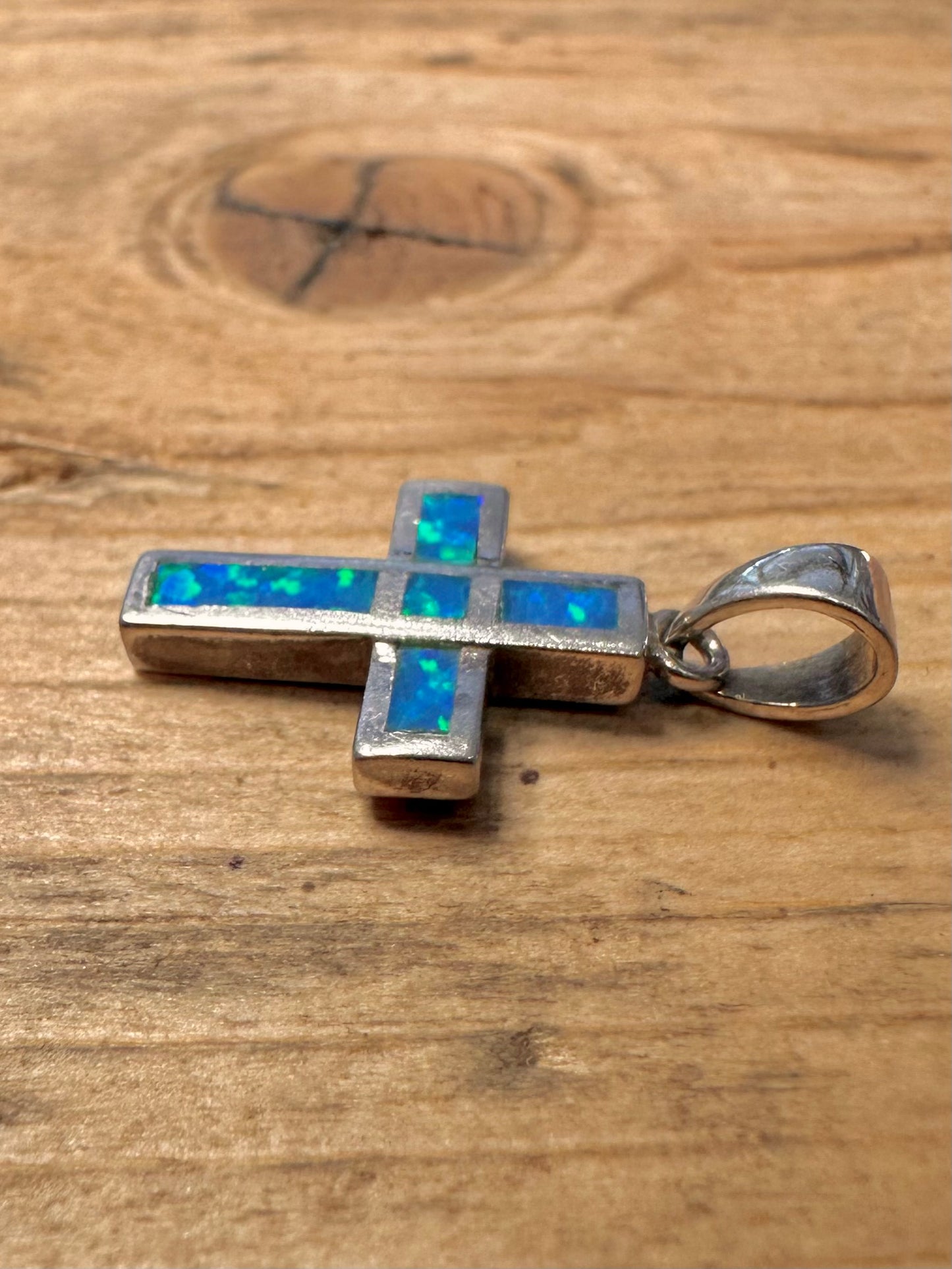 Modern Simulated Opal Cross 925 Silver Pendant