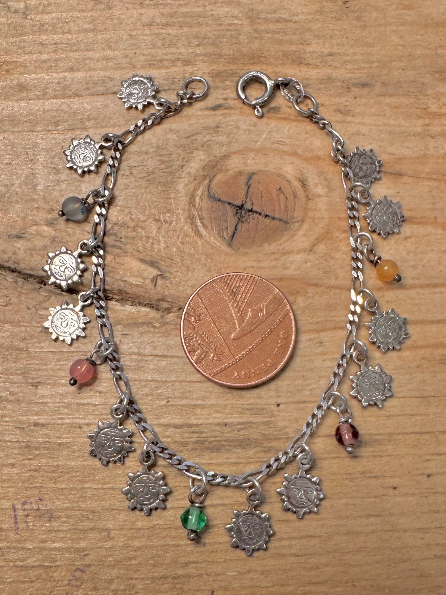 Vintage Figaro Chain Sun Face and Beads 925 Silver 7.4 inch Bracelet