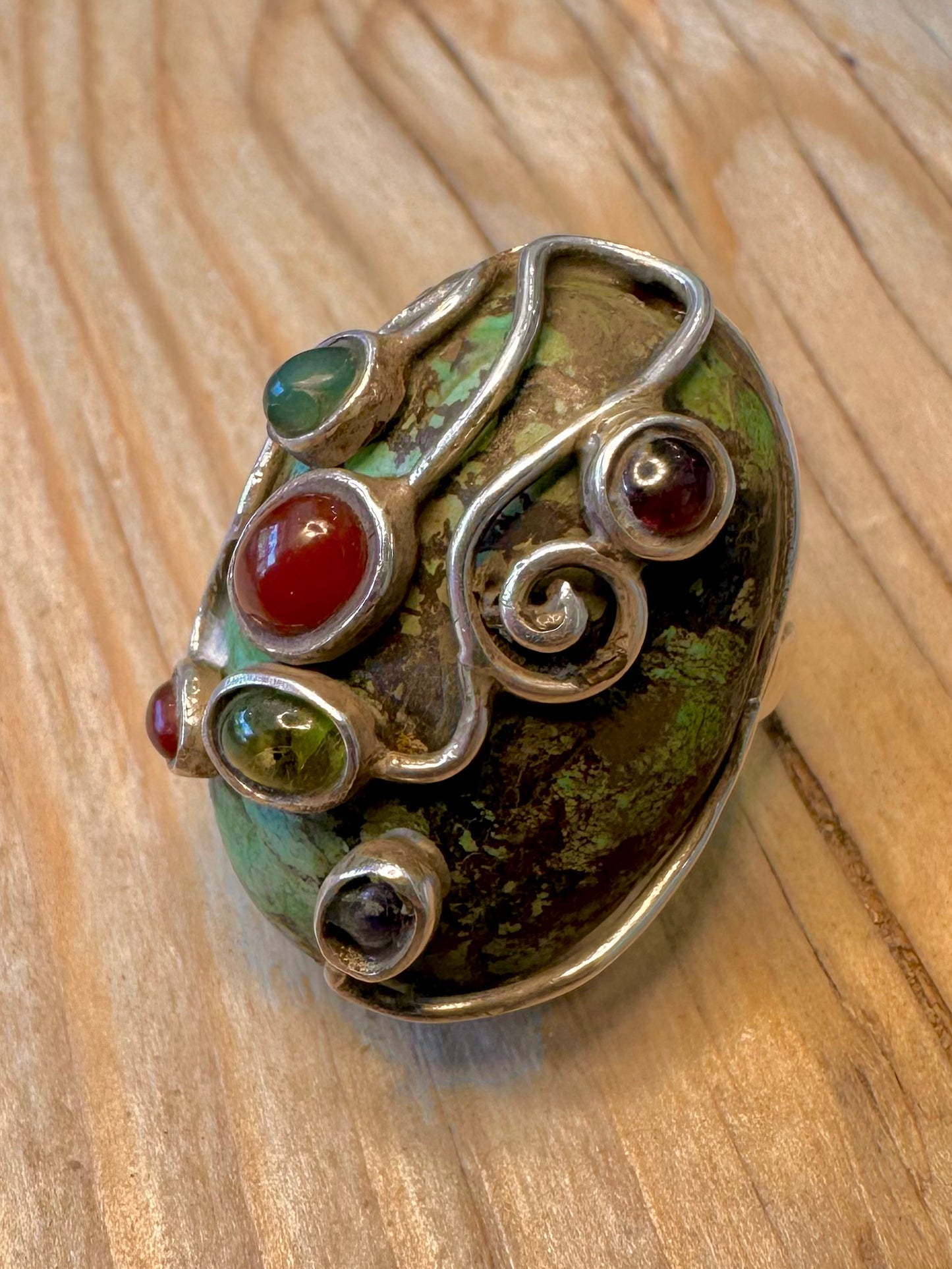 Vintage Raw Turquoise and Multi Gemstone 925 Silver Size P1/2 Ring