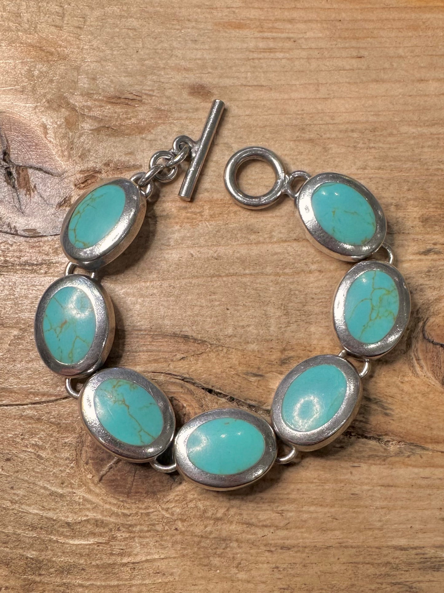 Vintage Polished Turquoise Oval Heavy Links T Bar 925 Silver Mexico Bracelet