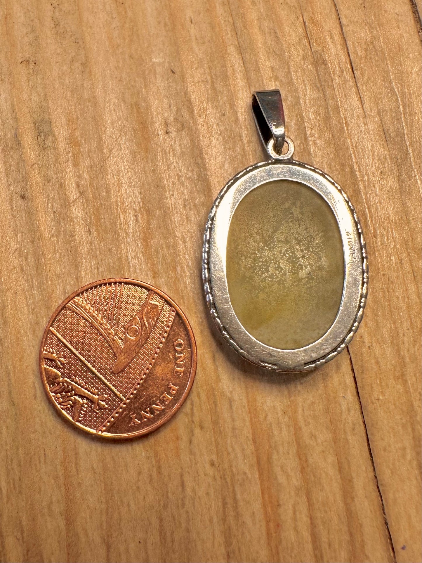 Vintage Green Marble Oval 925 Sterling Silver Pendant