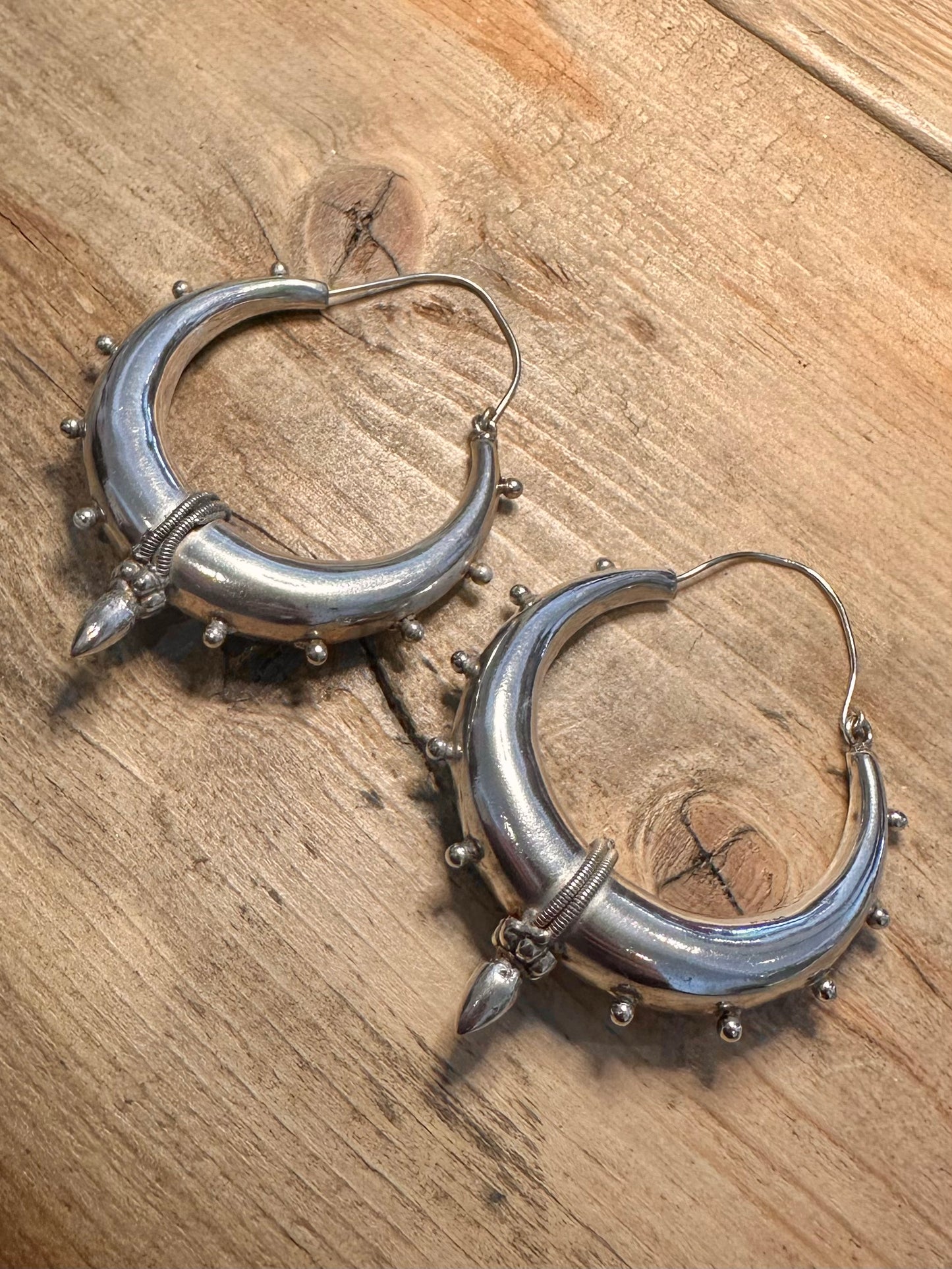Vintage Chunky Tribal Spiky 925 Silver Hoop Earrings