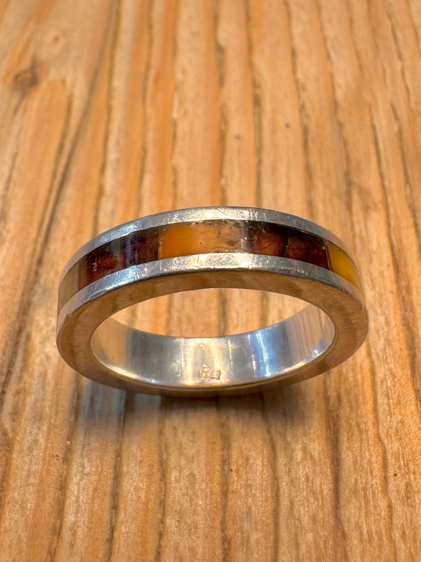 Vintage Amber Inlay Band 925 Sterling Silver Size S1/2 Ring