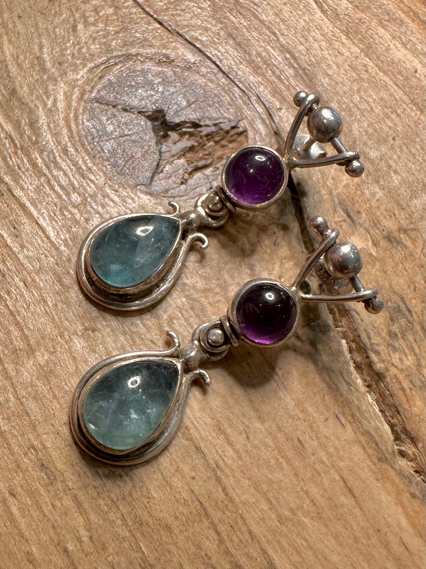 Abstract Amethyst and Blue Stone 925 Silver Earrings