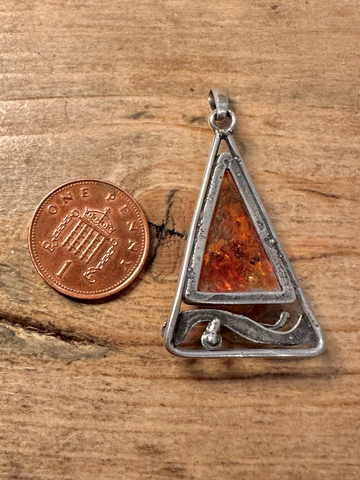 Vintage Amber Triangle 925 Silver Pendant