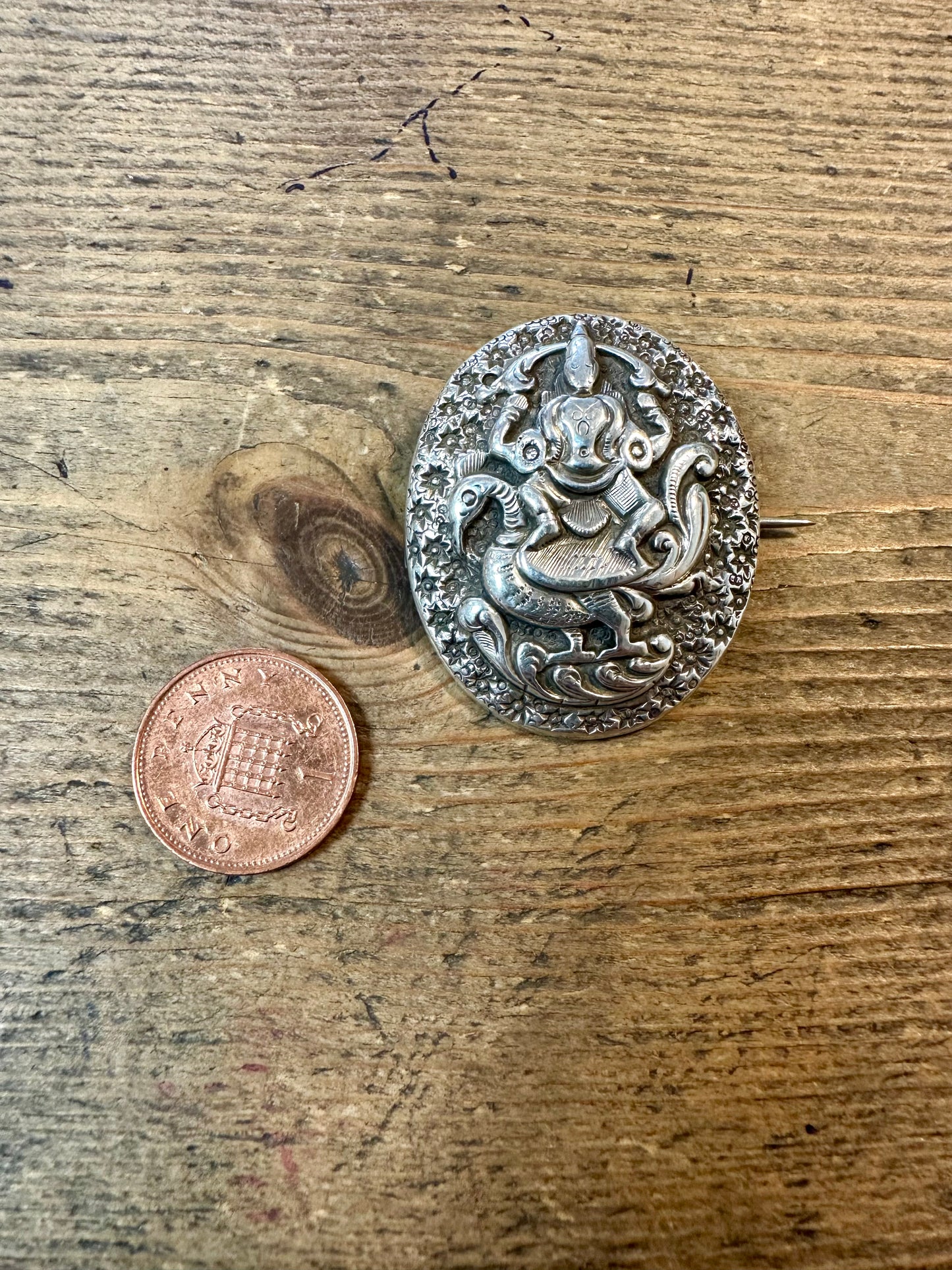 Vintage Indian Deity Silver Photo Locket Back Brooch