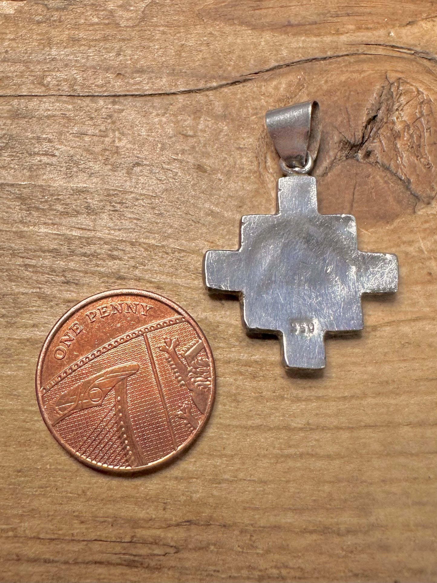 Vintage Green Chrysocolla Andean Cross 950 Silver Pendant