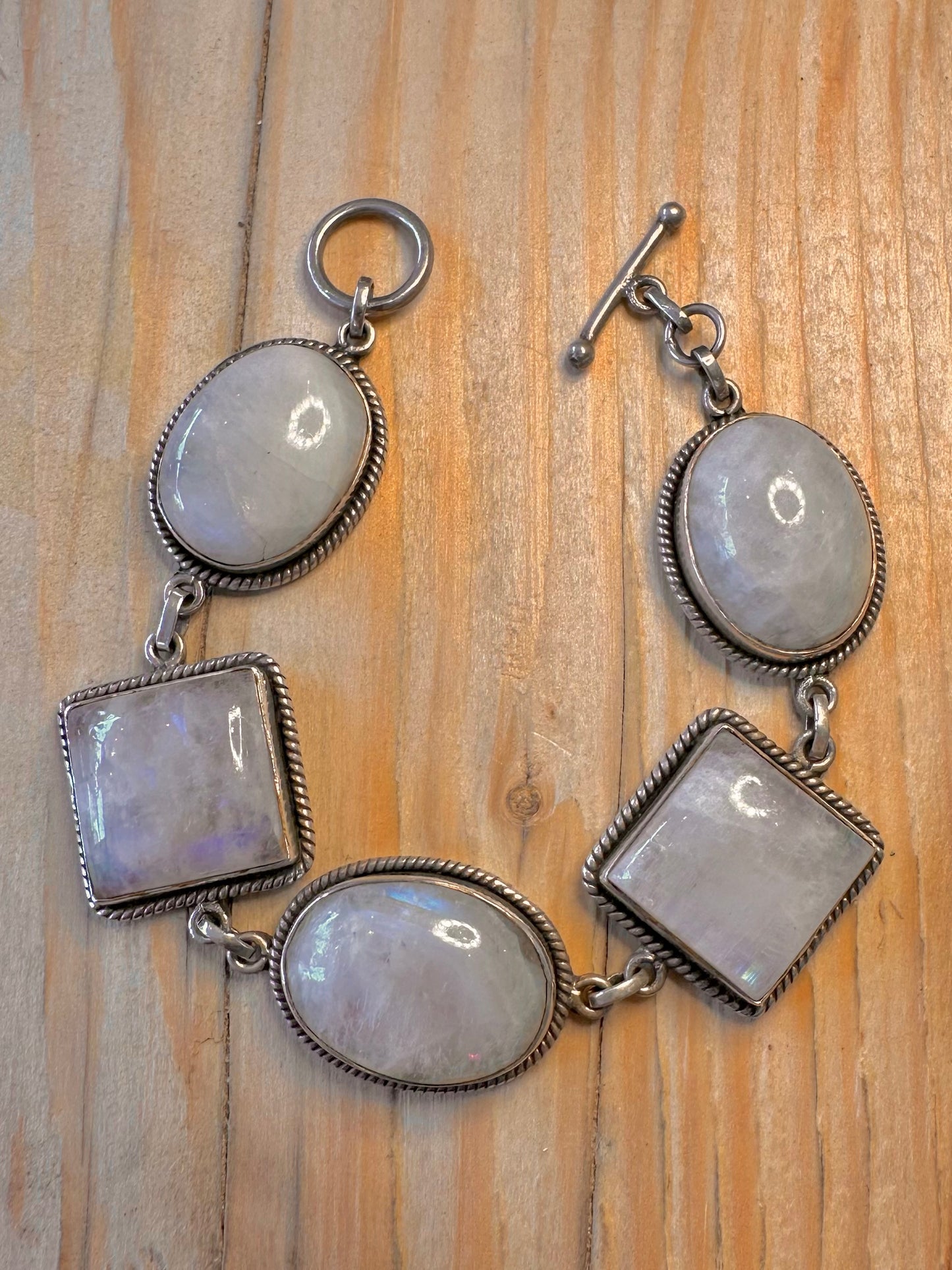 Vintage Moonstone Shaped Links 925 Silver 7.5 inch Bracelet