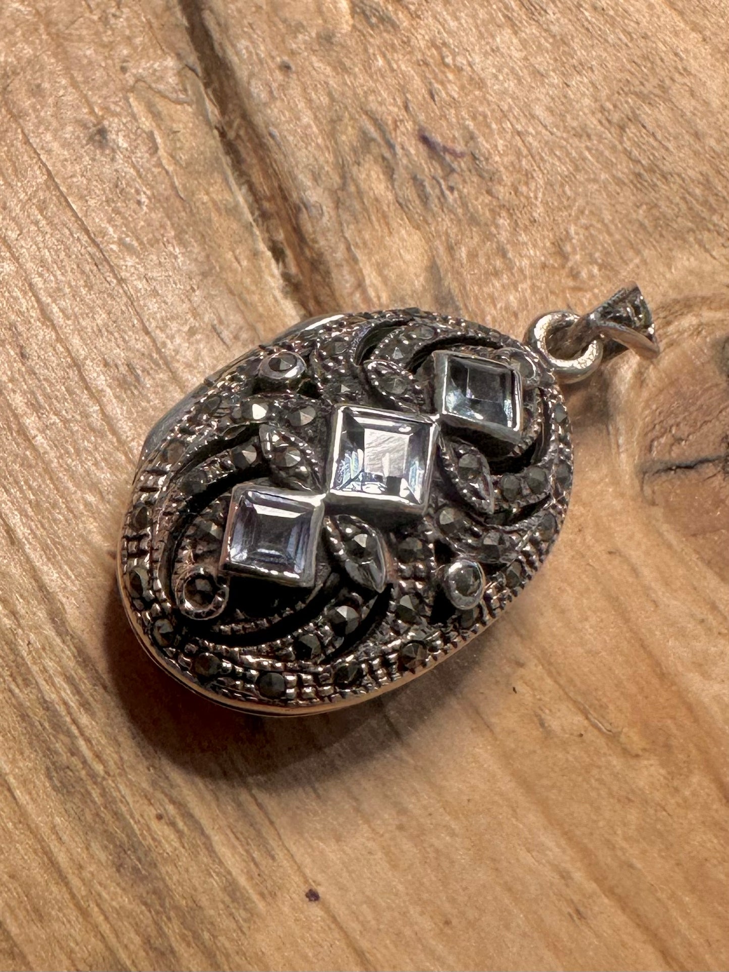 Modern 2001 Blue Topaz and Marcasite 925 Silver Locket Pendant