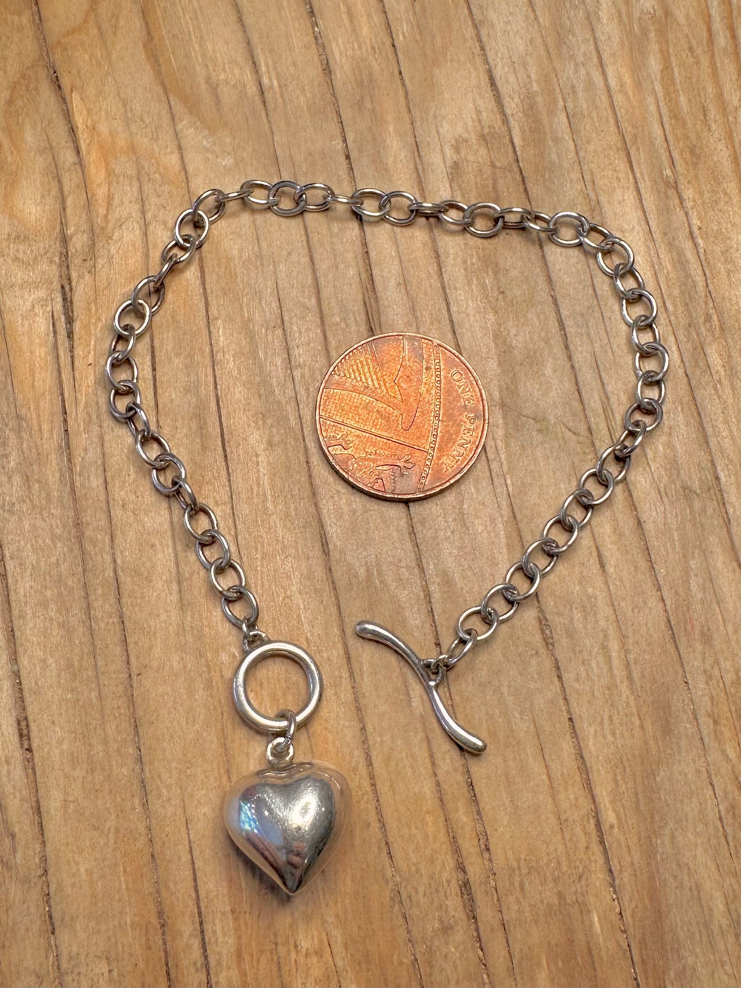 Vintage Belcher Chain Heart T Bar 925 Sterling Silver 7.5 inch Bracelet