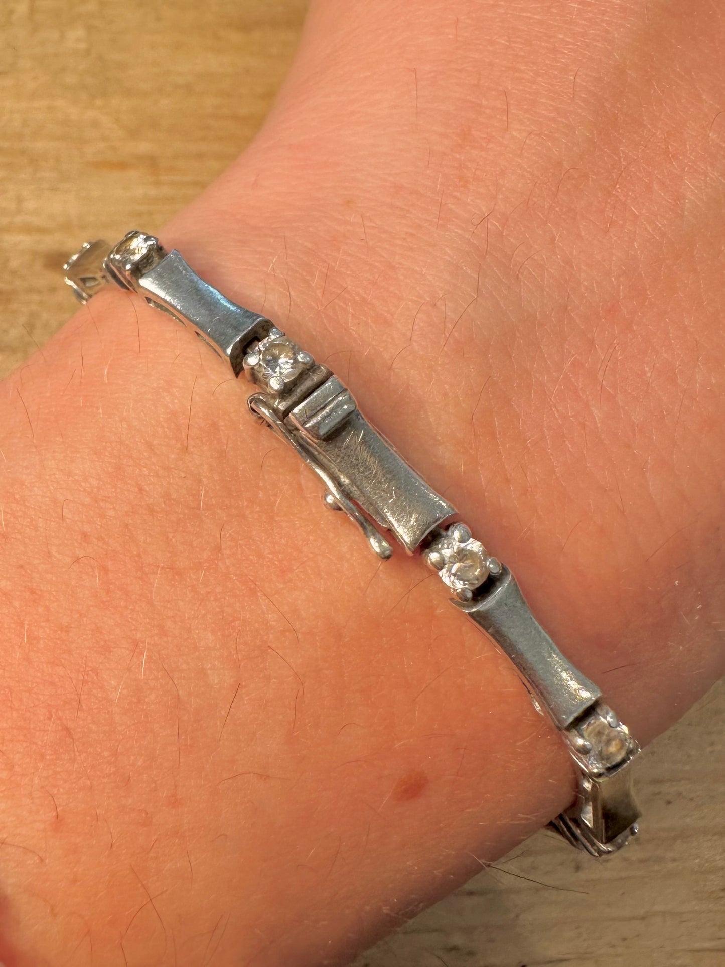 Modernist CZ Bar Link 925 Silver 7.4 inch Bracelet