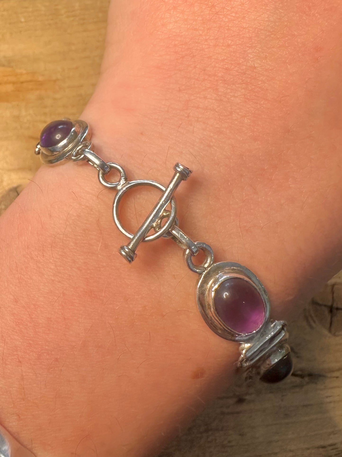Vintage Amethyst Oval Link T Bar Clasp 925 Silver 6.8 inch Bracelet