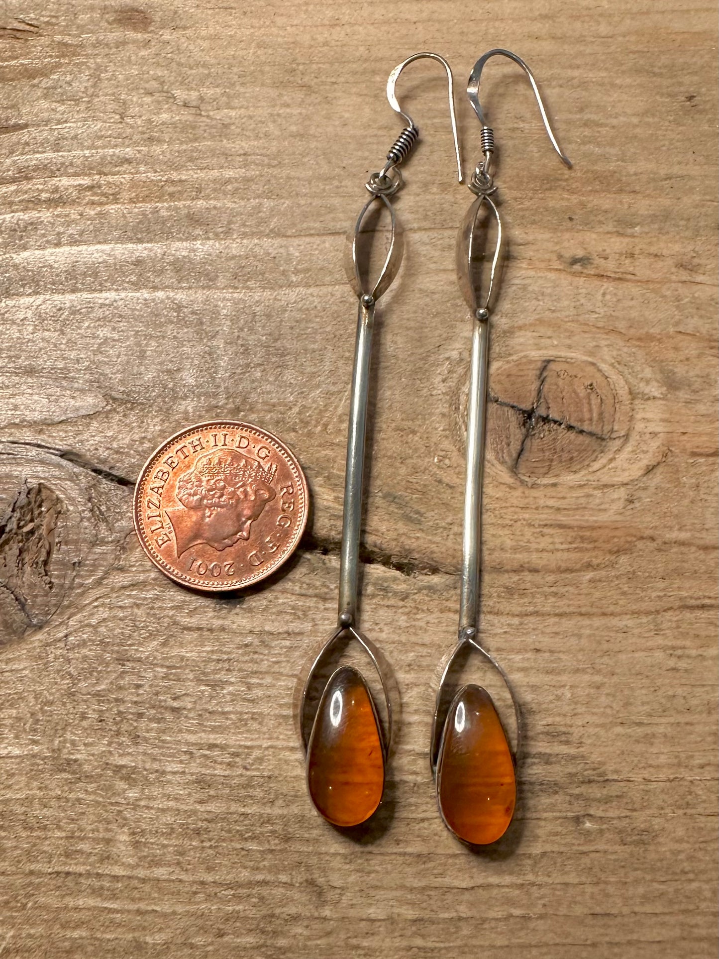 Vintage Long Amber Dangle 925 Silver Earrings