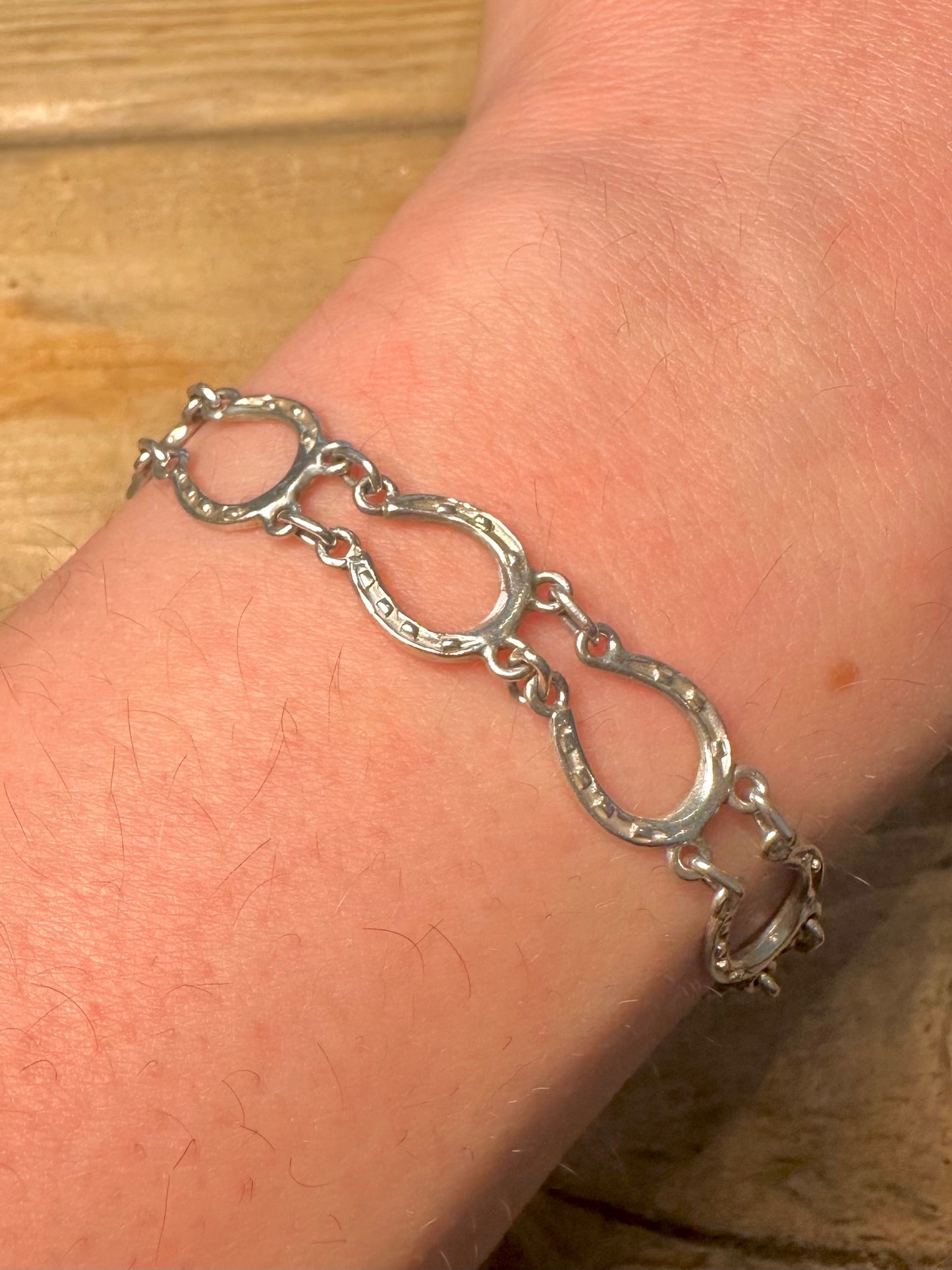 Vintage Horseshoe Equestrian Link Heart Padlock with Safety Chain 925 Silver Bracelet