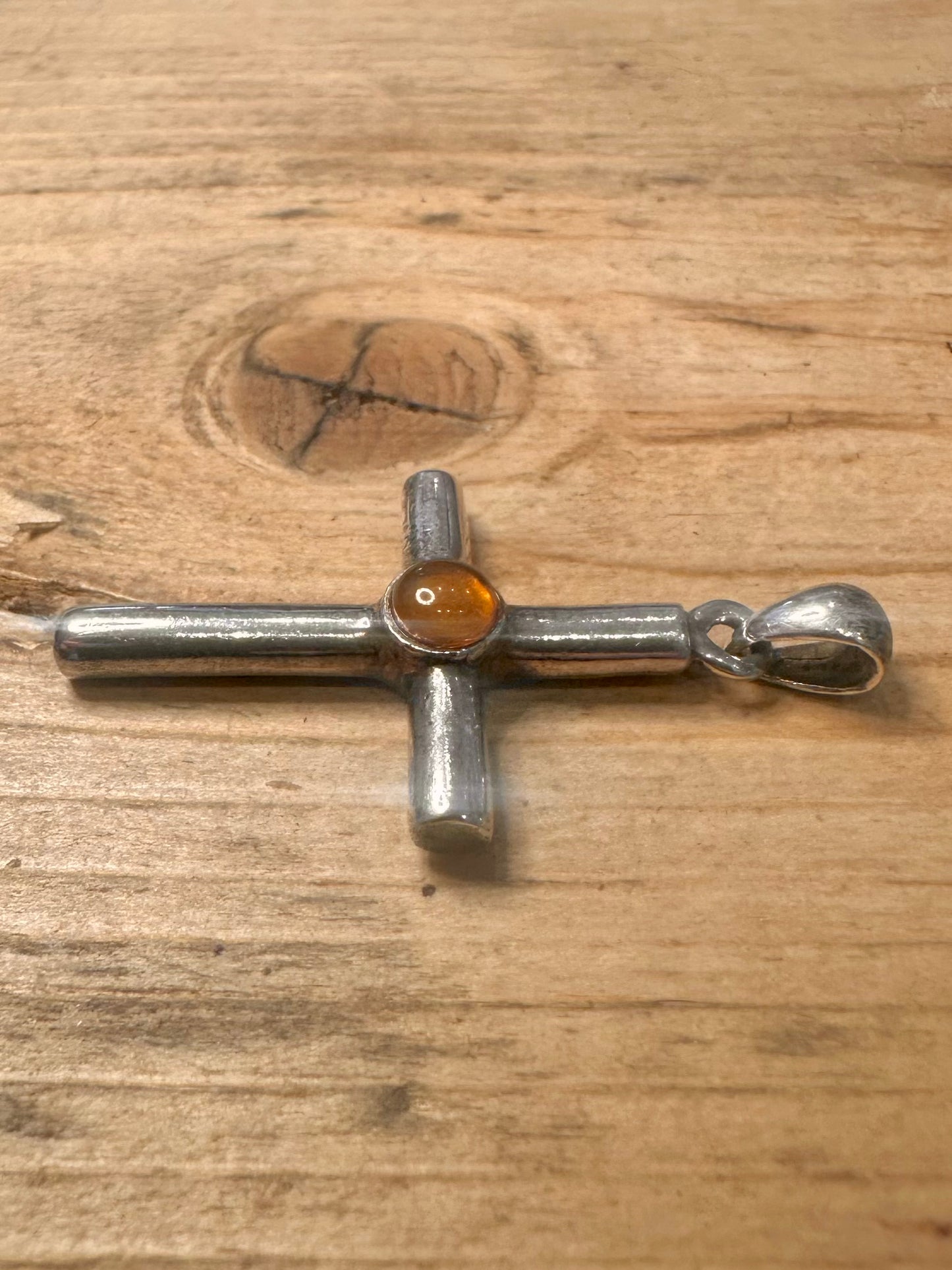 Vintage Orange Stone Cross 925 Silver Pendant