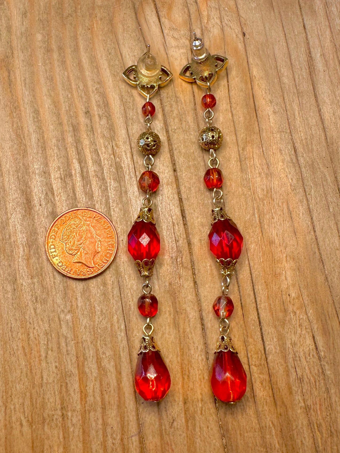 Vintage Red Glass Ornate Dangle Gold Tone Costume Earrings