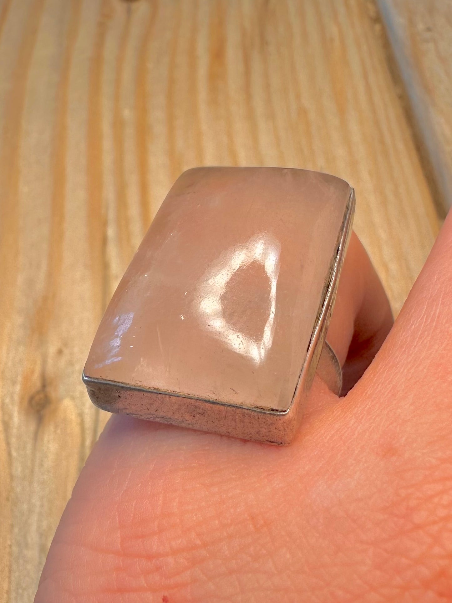 Vintage Rose Quarts Rectangle 925 Silver Size M1/2 Ring