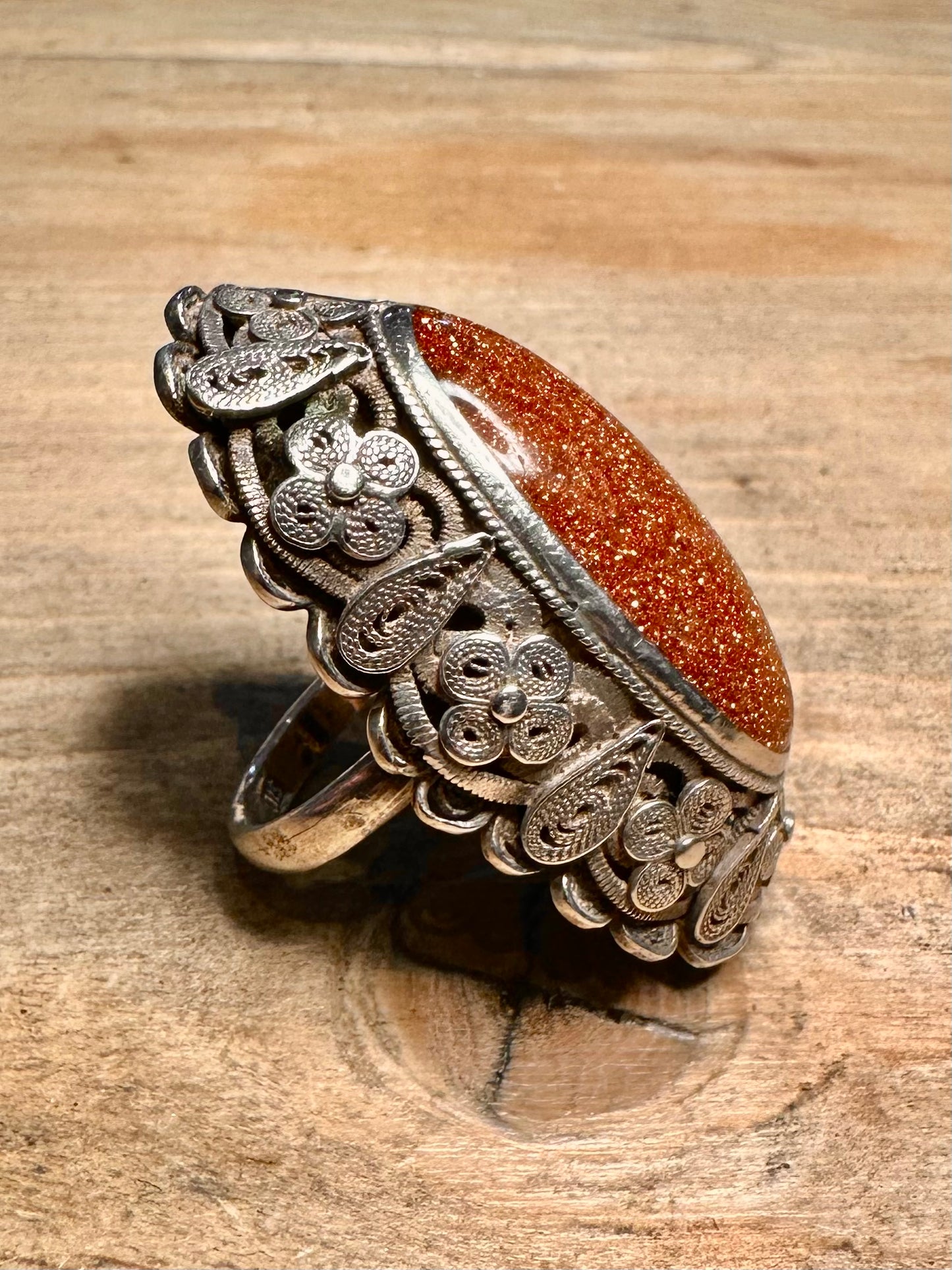 Vintage Large Sunstone Filigree Design 925 Silver Size N Ring