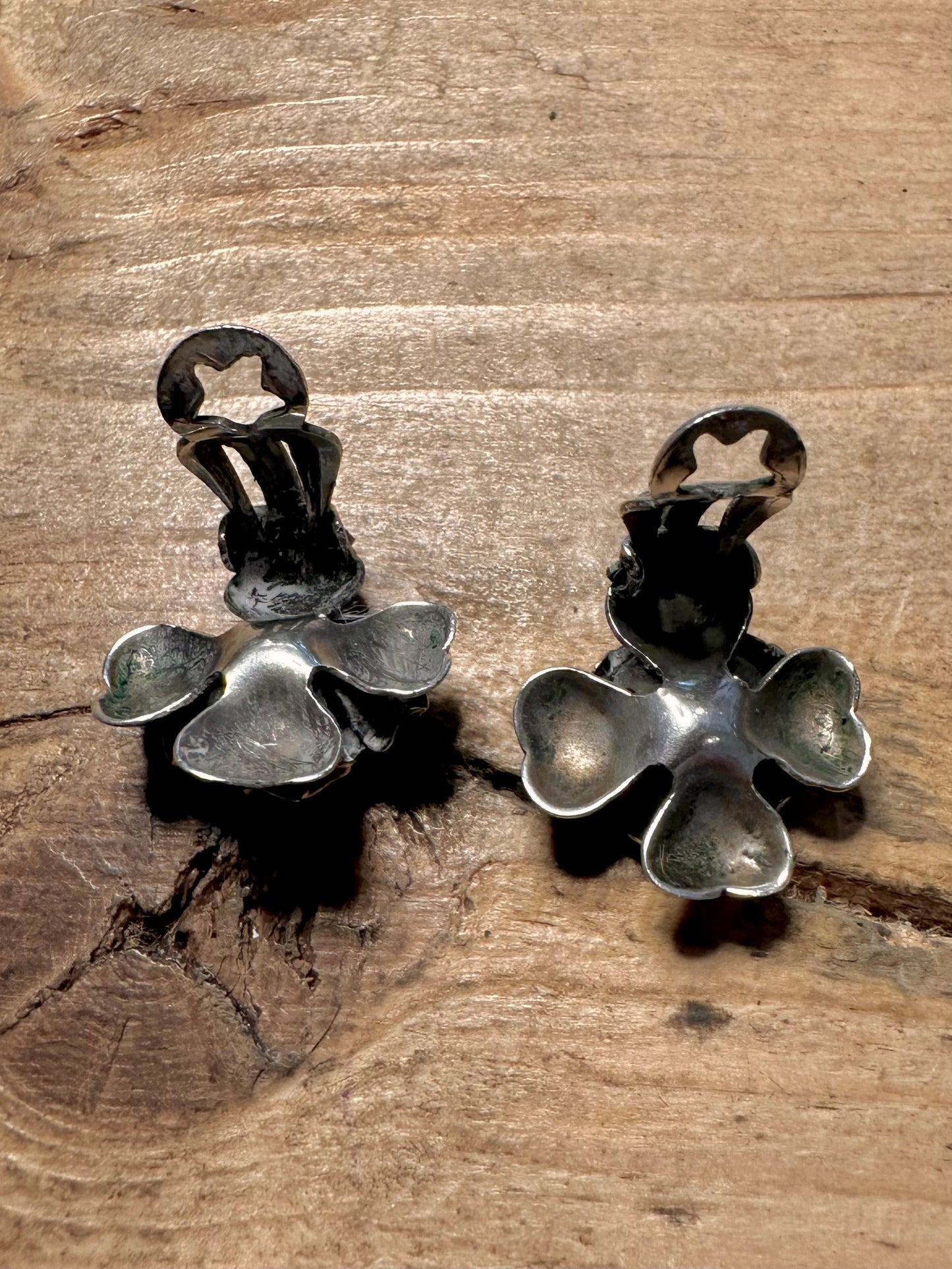 Vintage Turquoise Flower Clip On 925 Silver Earrings