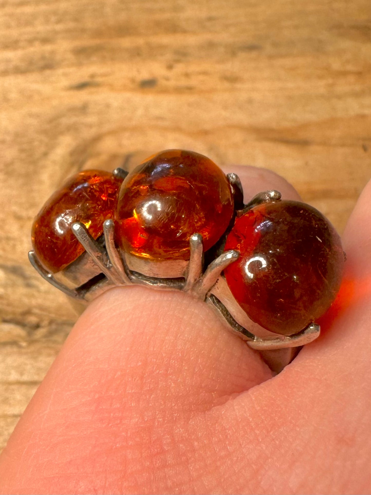 Vintage Amber Trio 925 Silver Size M Ring