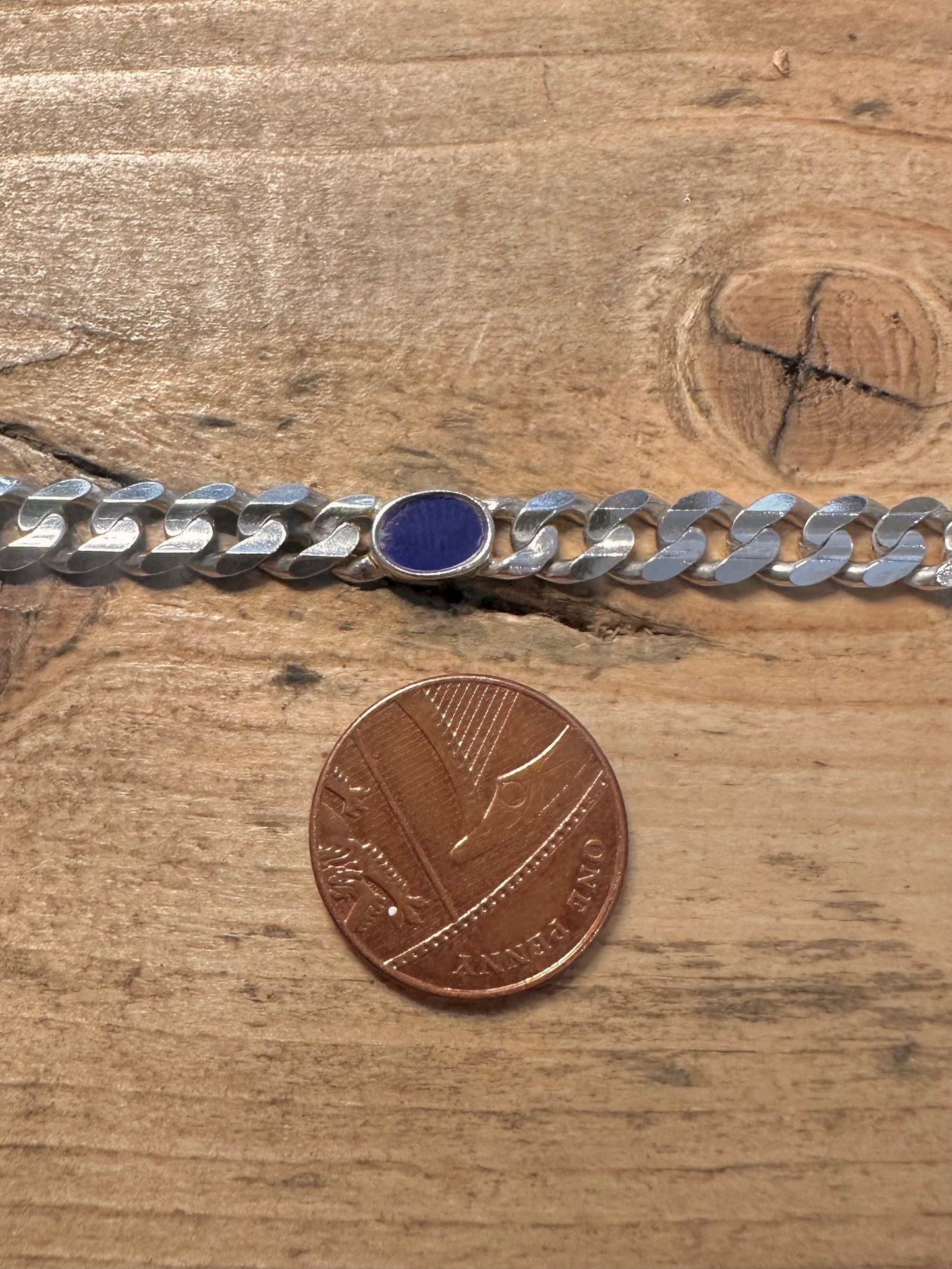 Vintage Curb Chain and Lapis Link 925 Silver 17.3 inch Necklace