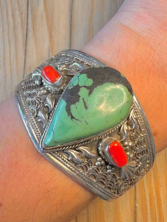 Vintage Large Ornate Turquoise and Coral 925 Silver Cuff Bangle