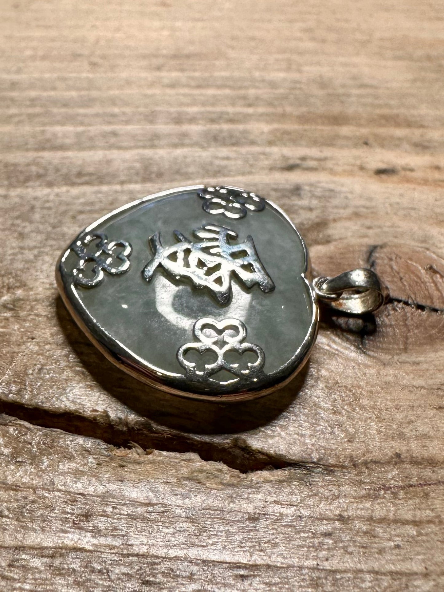 Vintage Heart Jade Chinese 925 Silver Pendant