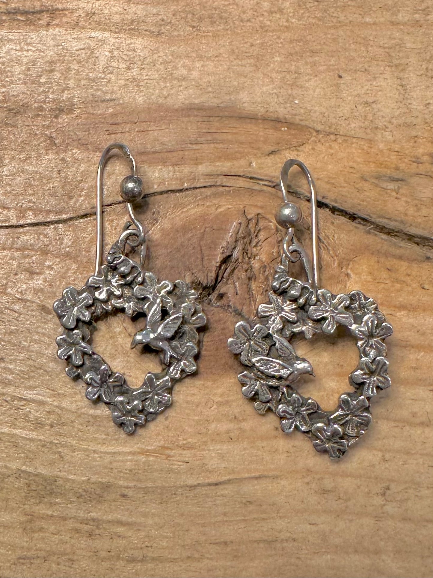Vintage Floral and Bird 925 Silver Earrings