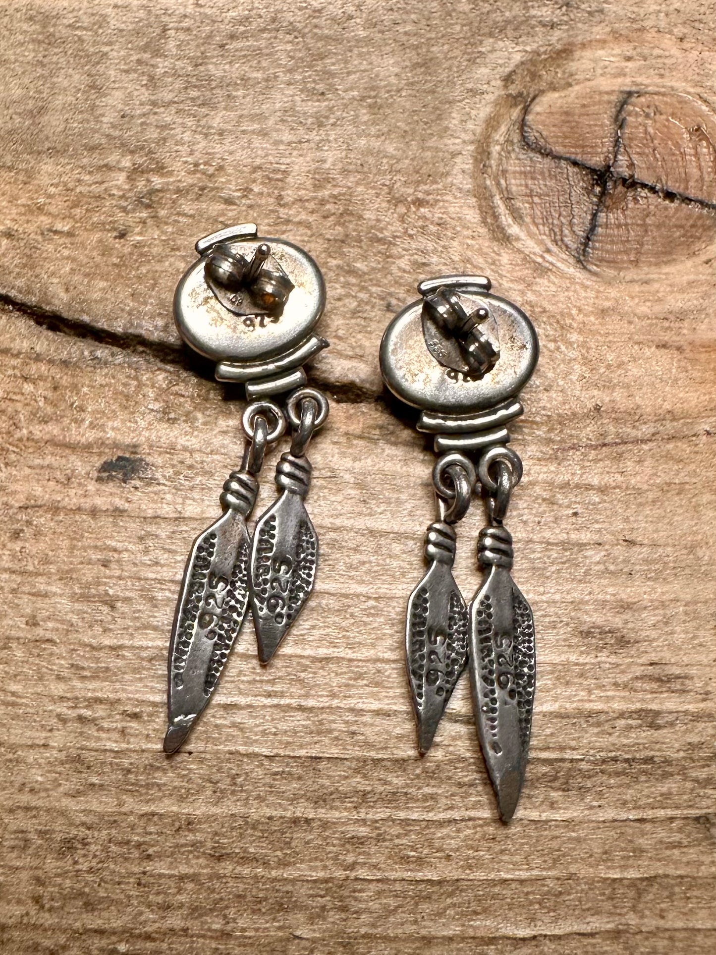 Vintage Turquoise Feather Native American Dangle 925 Silver Earrings
