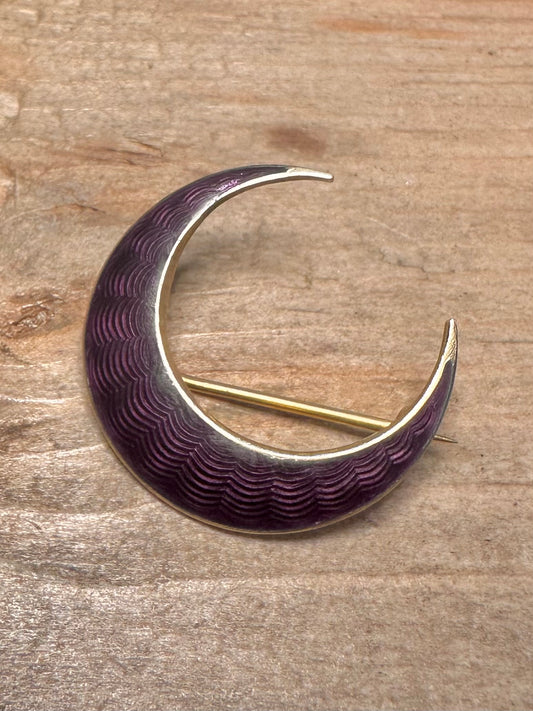 Vintage Purple Enamel Moon 930 Silver Brooch