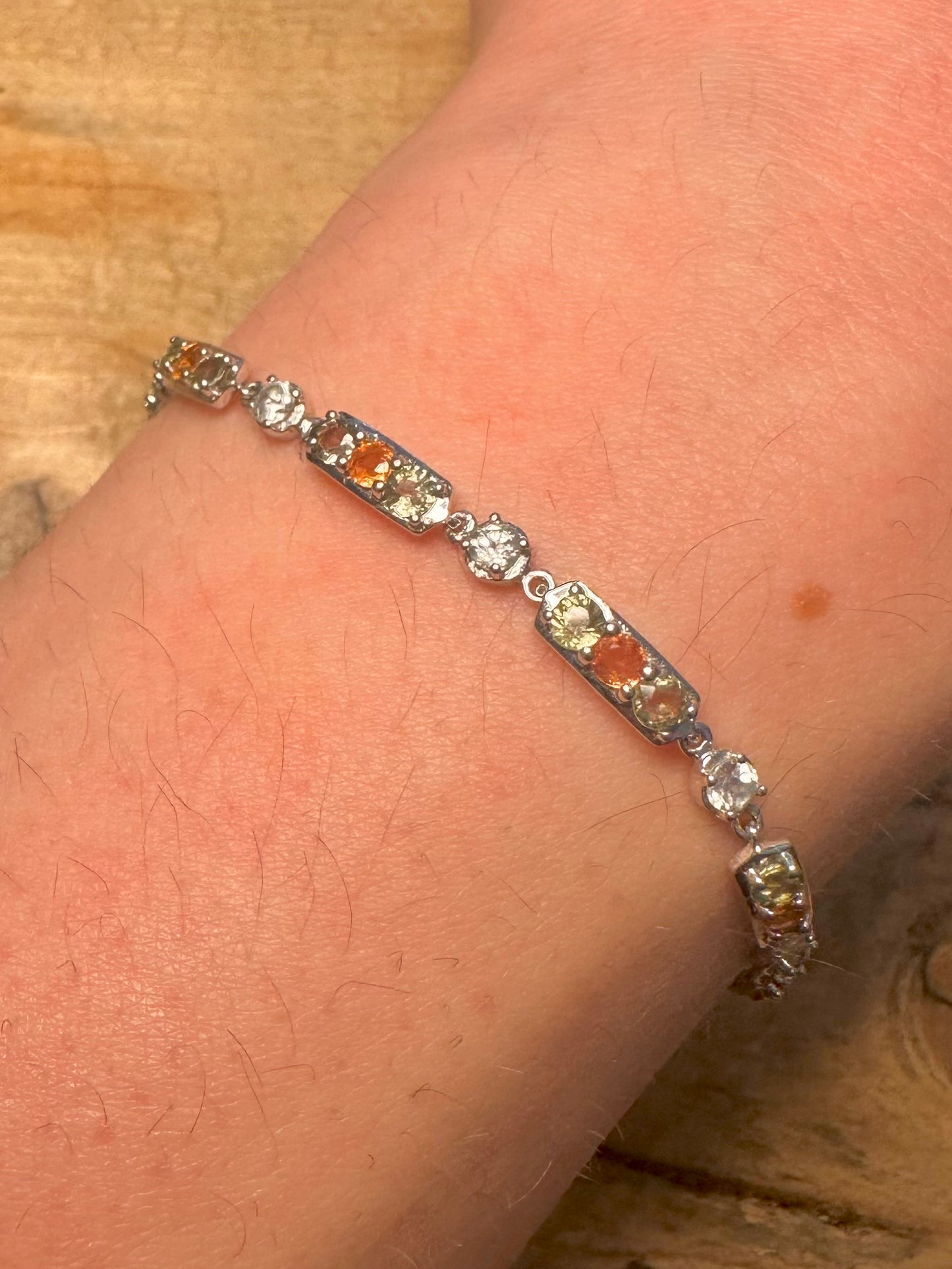Modern Green Orange White CZ 925 Silver Tennis 6.5 inch Bracelet