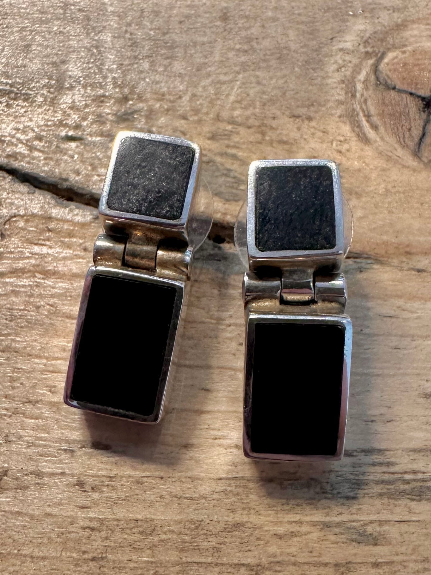 Vintage Chunky Black Rectangle 950 Silver Mexico Earrings