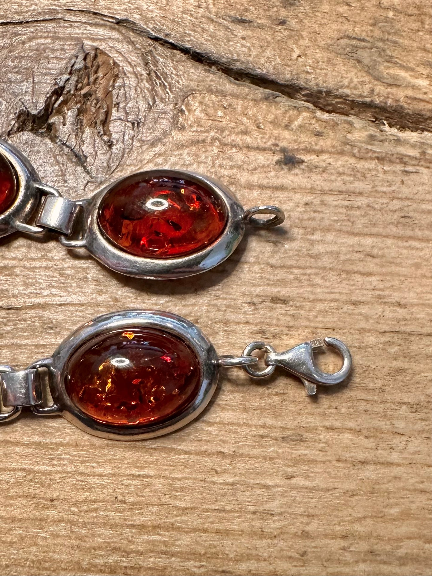 Vintage Amber Oval Link 925 Silver 6.8 inch Bracelet