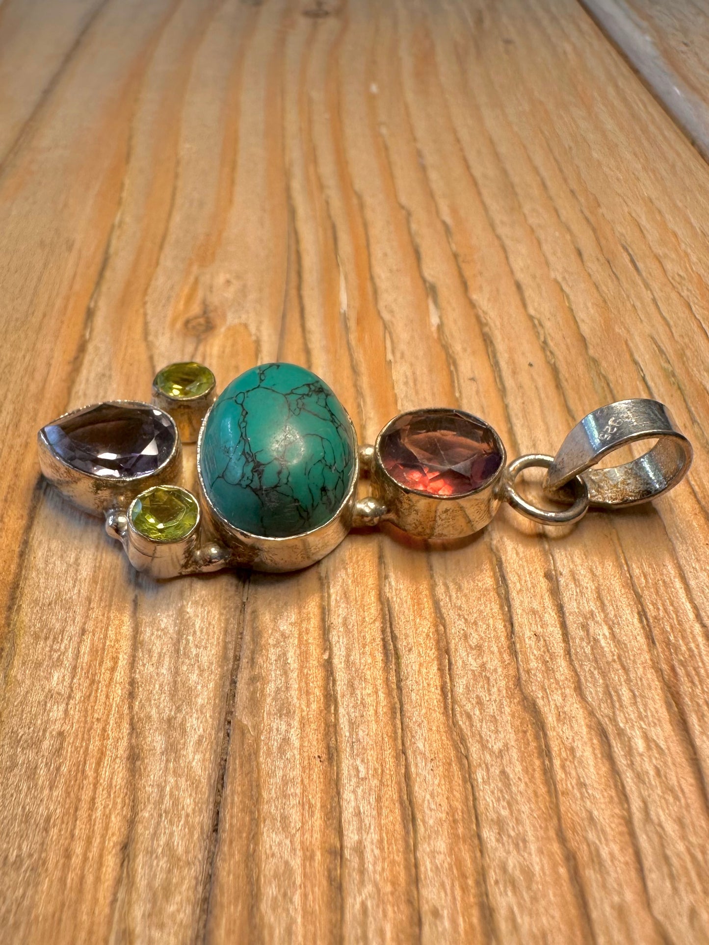 Vintage Gemstones and Turquoise 925 Sterling Silver Pendant