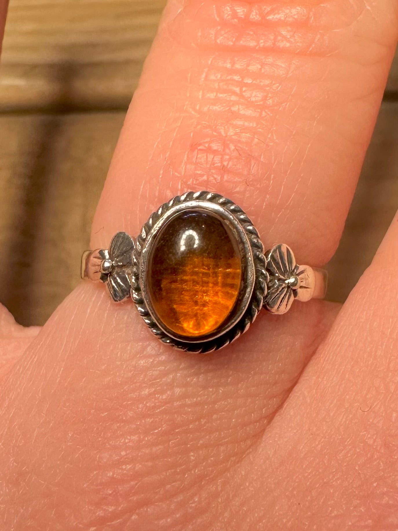 Vintage Amber Flower 925 Silver Size P Ring