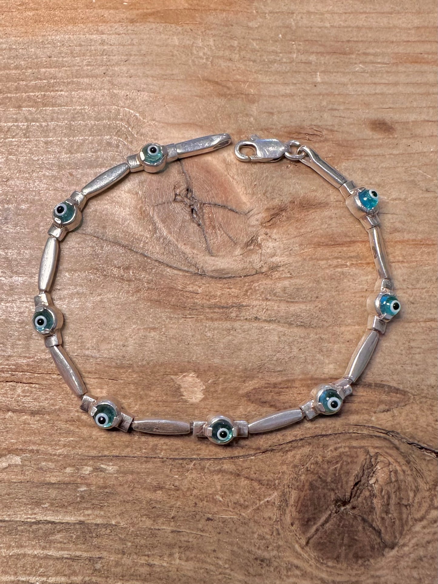 Vintage Evil Eye Bar Link 925 Silver 7.4 inch Bracelet