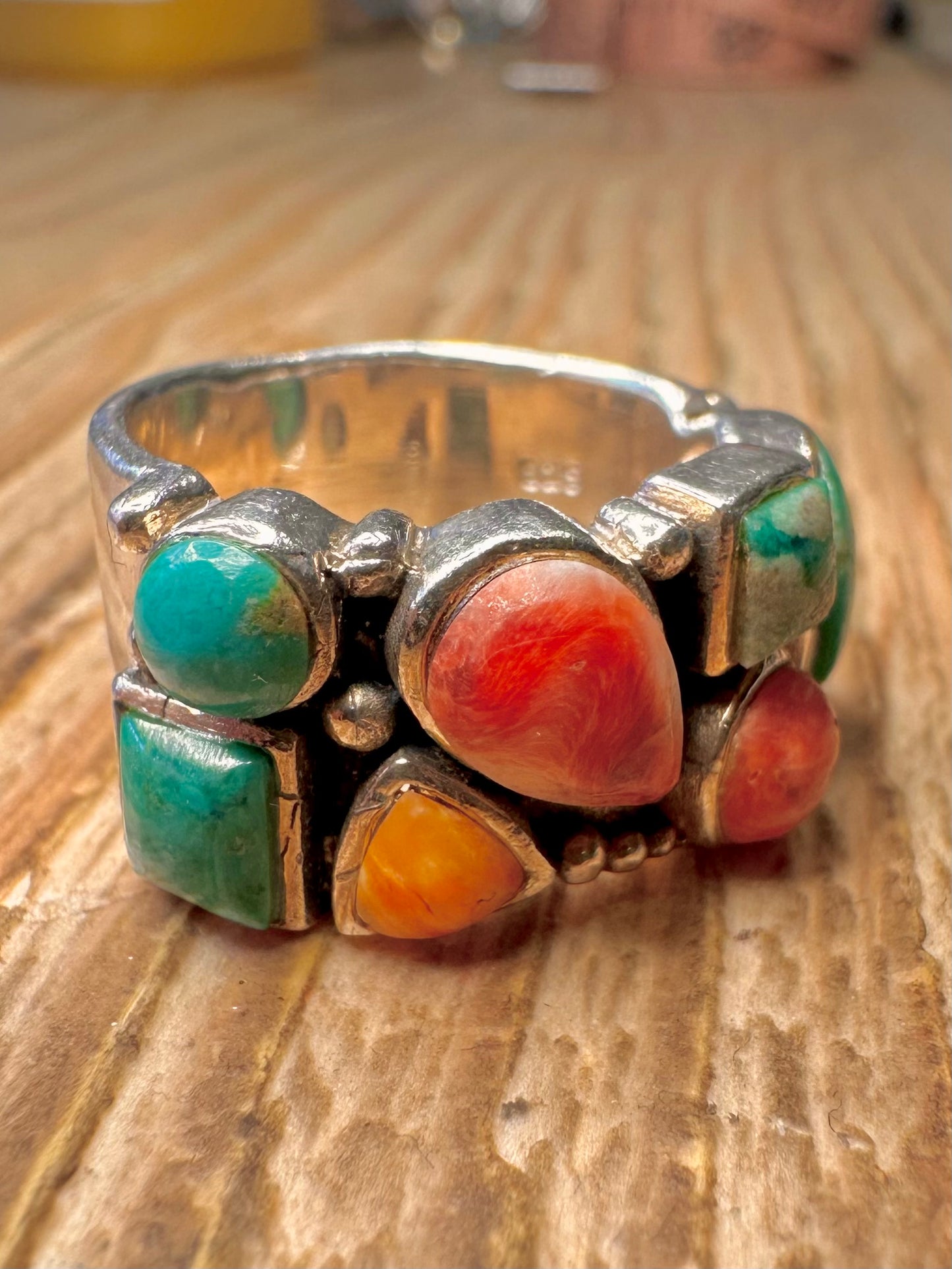 Vintage Multi Gemstone Navajo Style Band 925 Sterling Silver N Ring