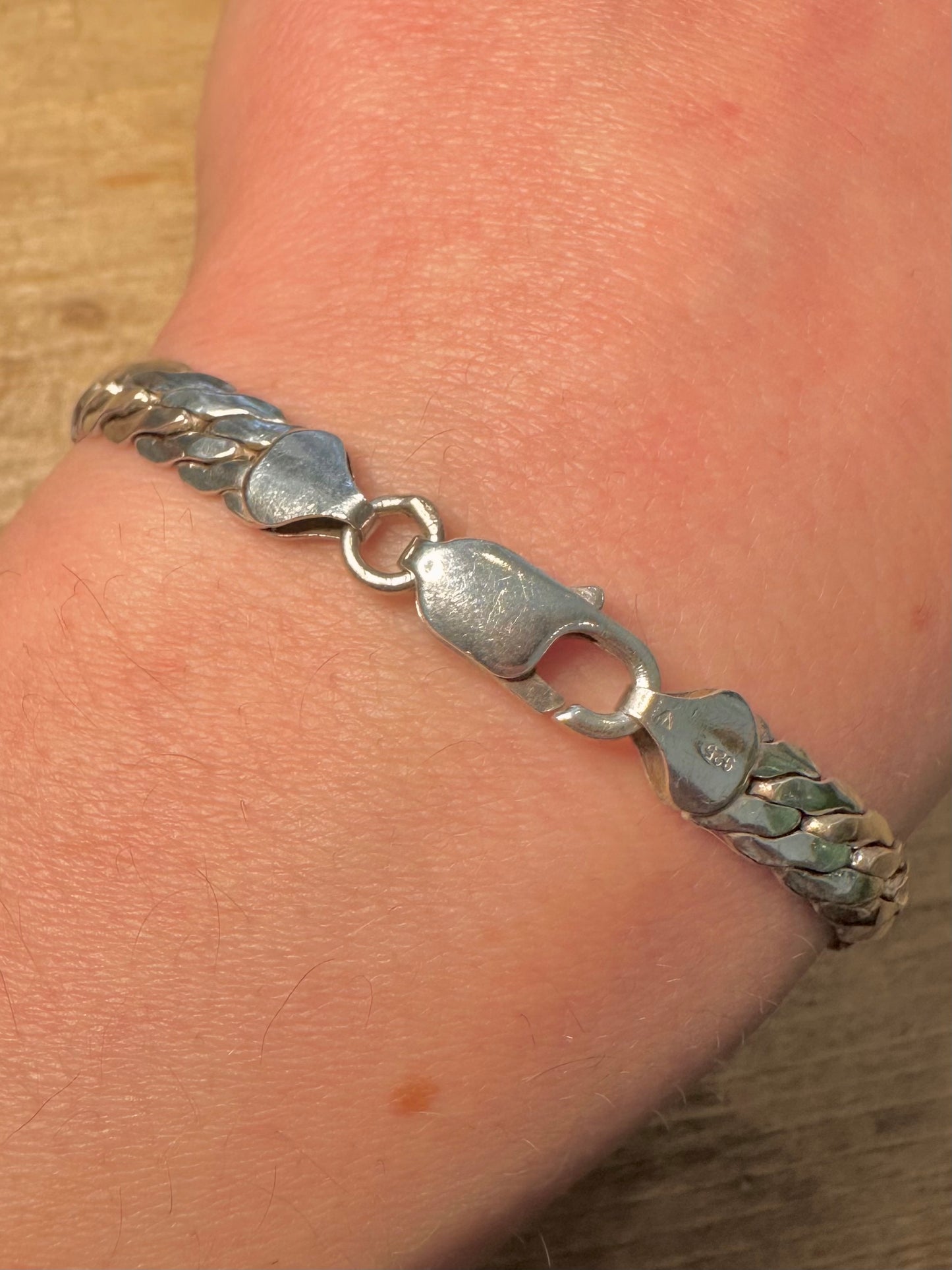 Vintage 1990 Flat Close Link Curb Chain 925 Silver 7.5 inch Bracelet