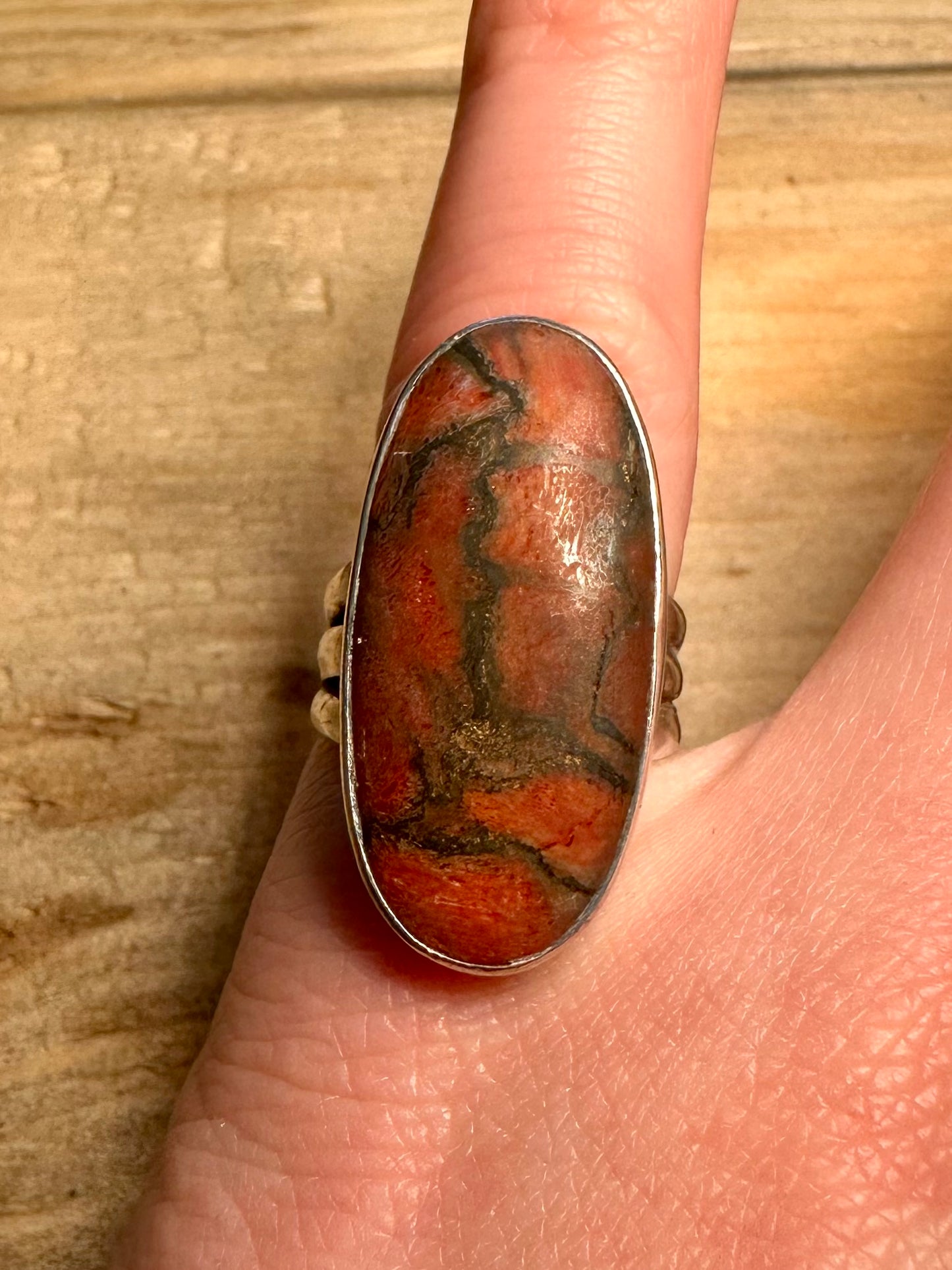 Vintage Elongated Red Agate 925 Silver Size M Ring