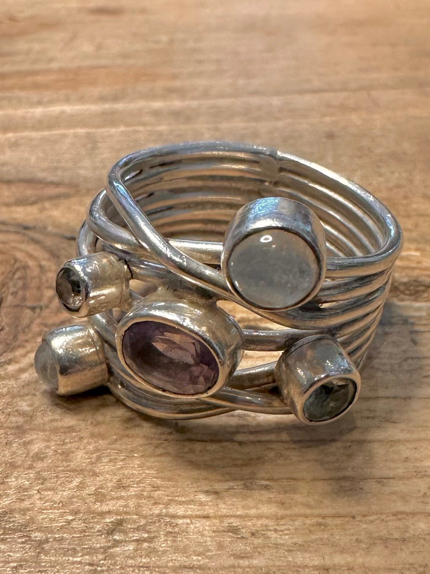 Modernist Multi Gemstone and Layer 925 Silver Size R1/2 Ring