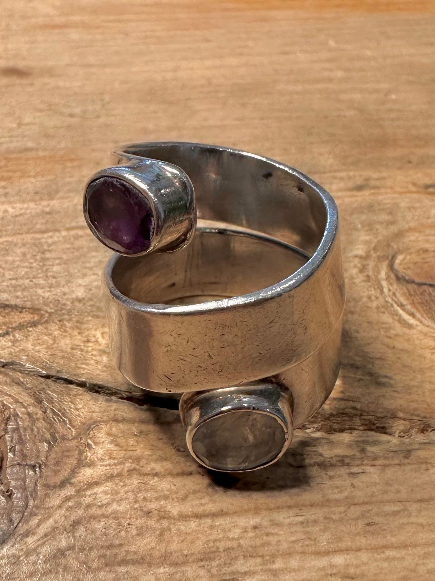 Modernist Amethyst and Moonstone Wrap 925 Silver Size Q Ring