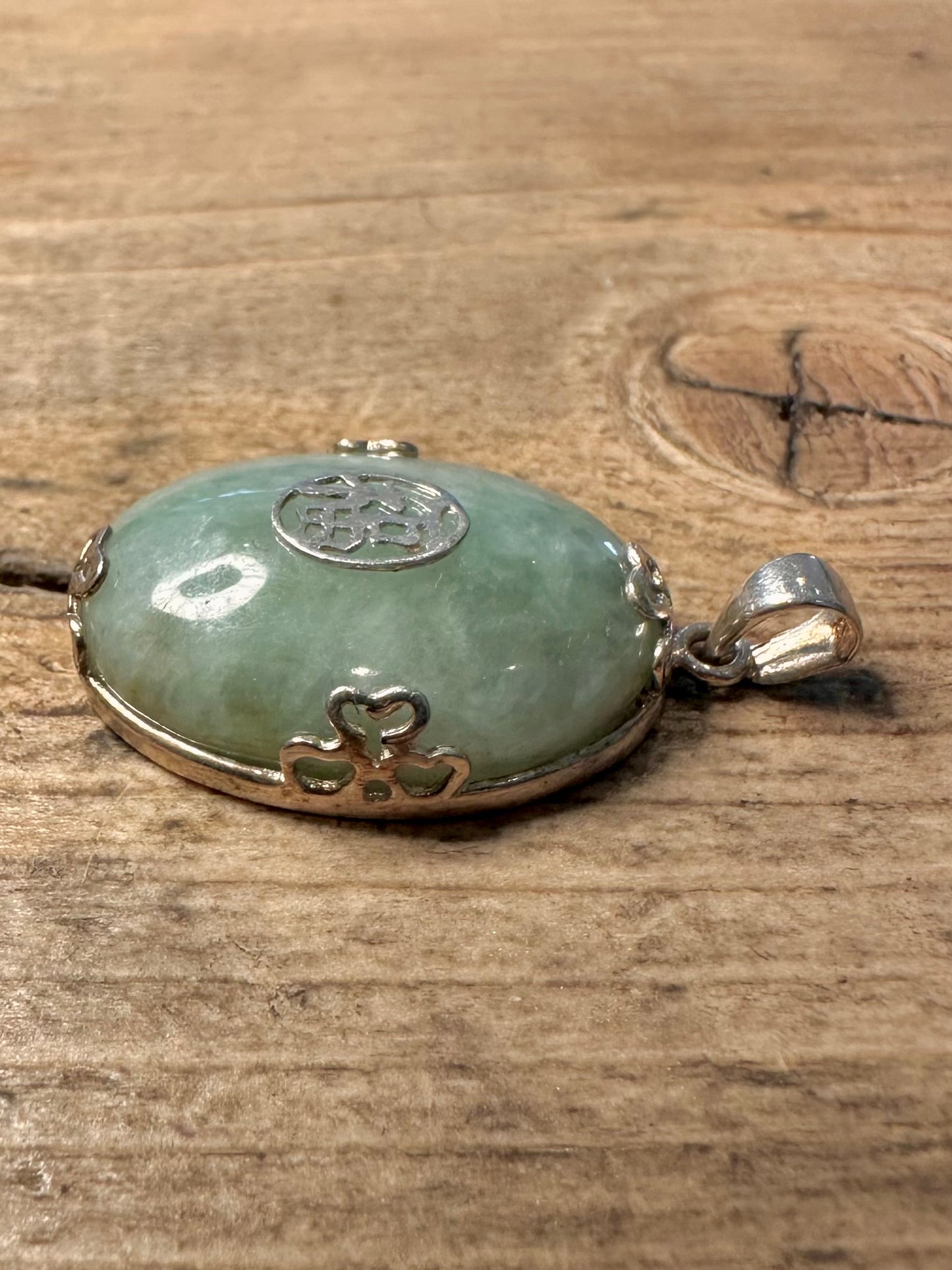 Vintage Chinese Oval Jade 925 Silver Pendant