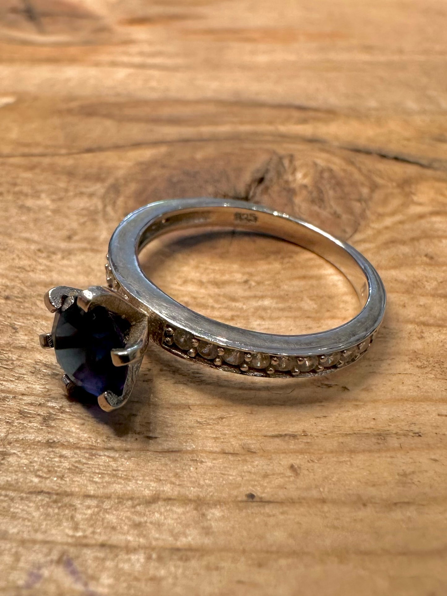 Vintage Blue Stone and White CZ 925 Silver Size M1/2 Ring