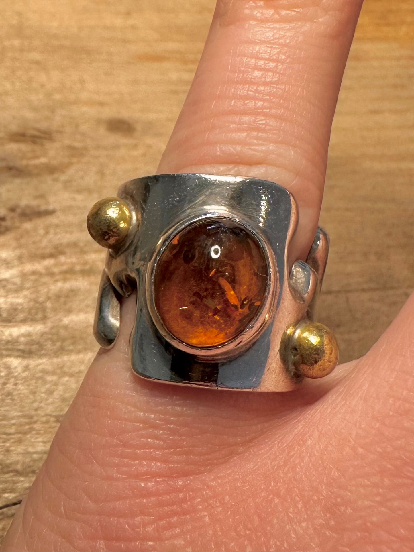 Modernist Abstract Chunky Amber Gold Ball 925 Silver Size N1/2 Ring