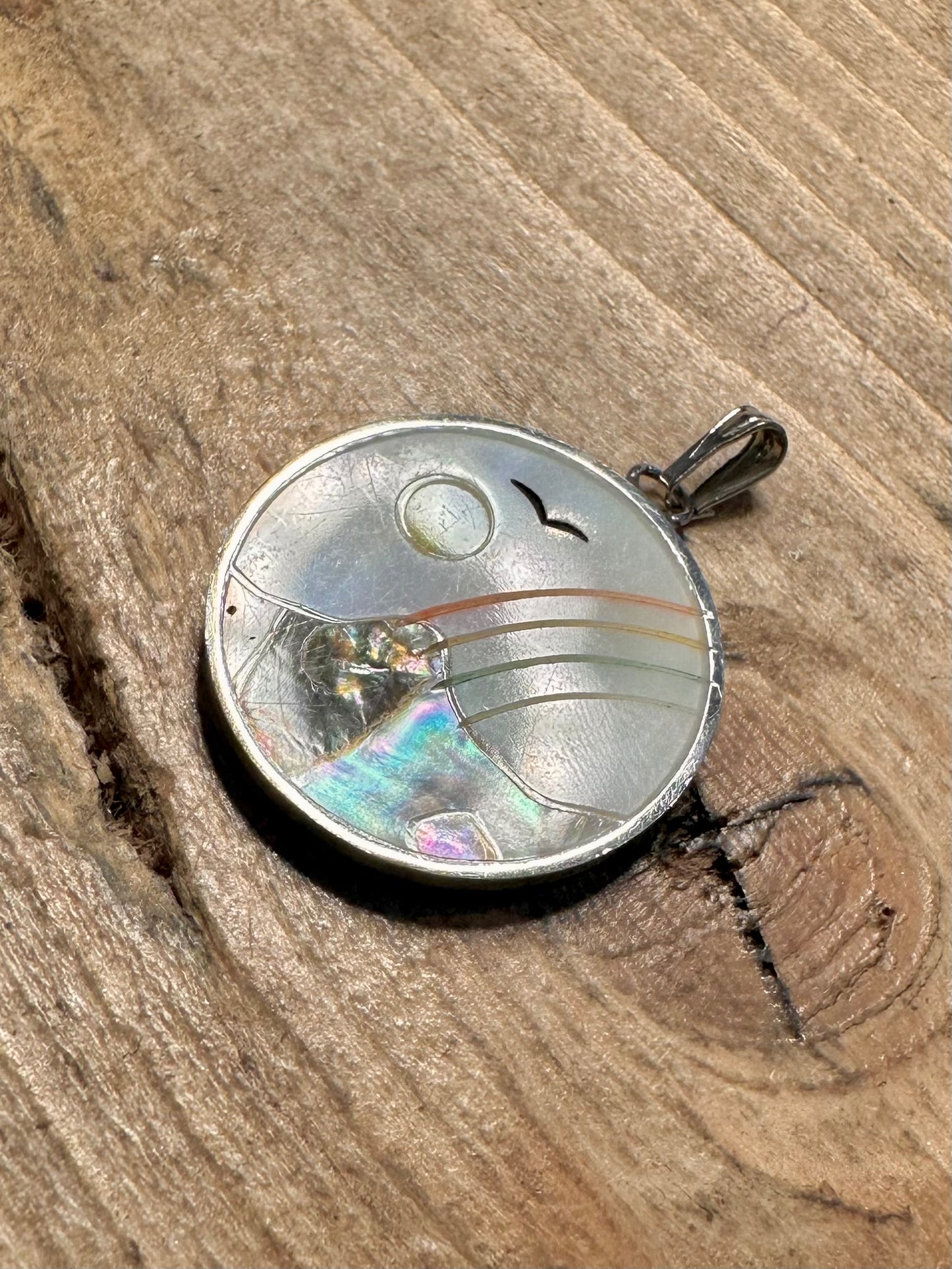 Vintage Mother of Pearl Landscape 925 Silver Pendant