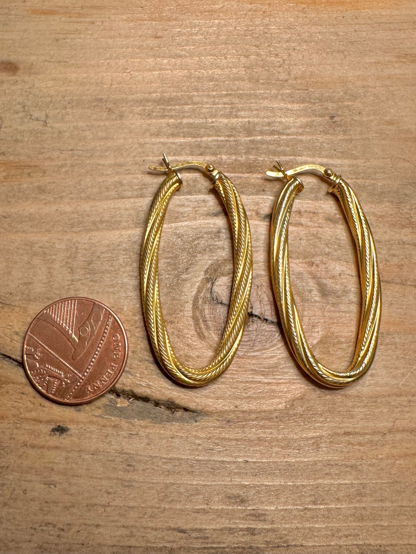 Modernist Large Twisted Gold 925 Silver Hoops Earrings