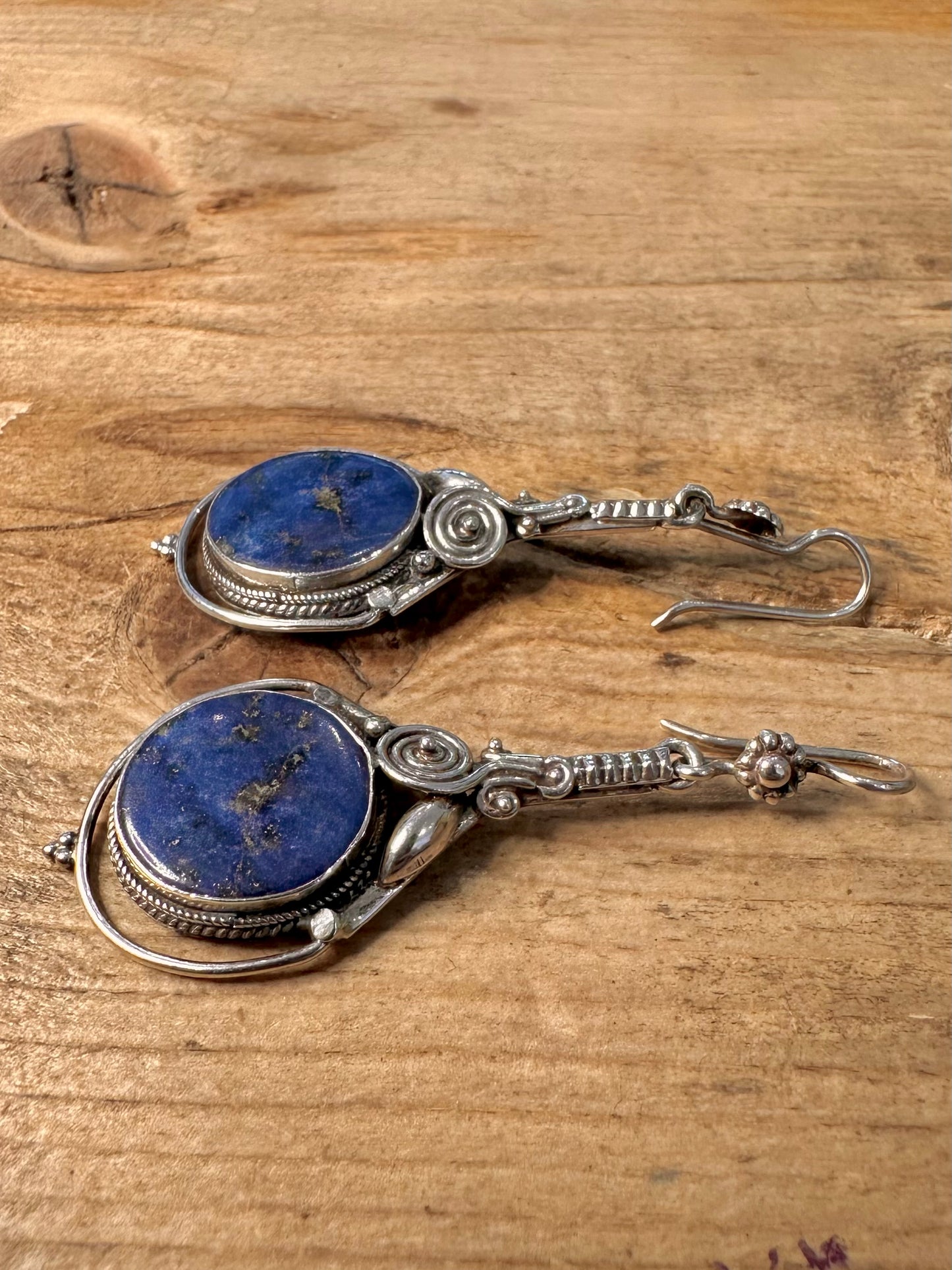 Vintage Lapis Tribal Dangle 925 Silver Earrings