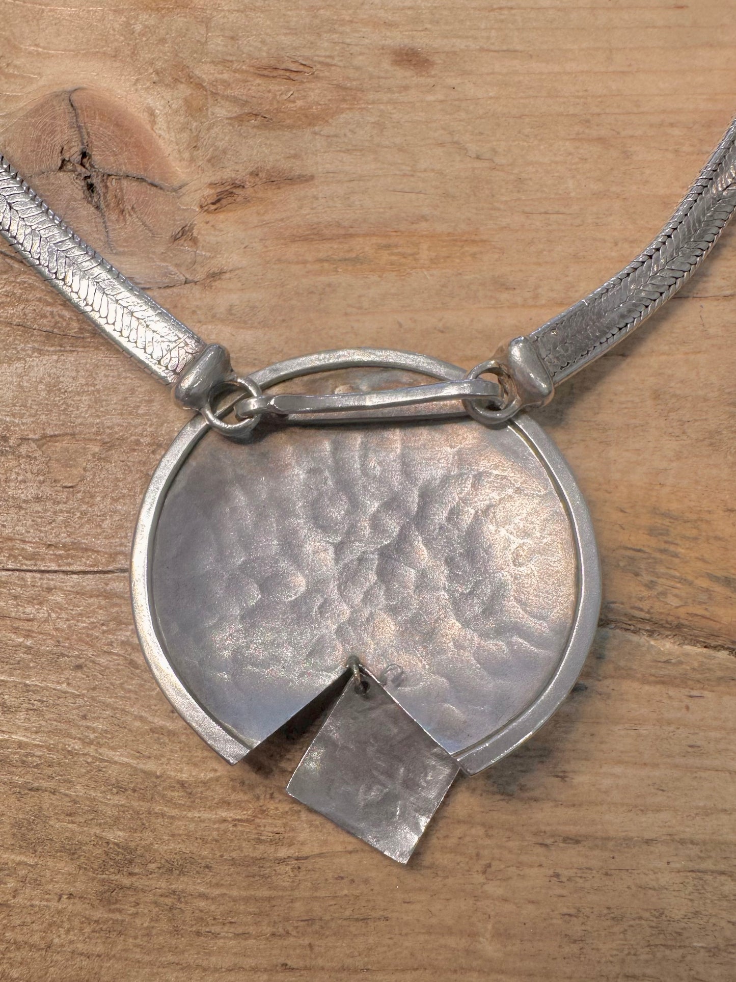 Abstract Chunky Snake Flat Chain Hook Clasp Hammered Circle 925 Silver 15 inch Necklace