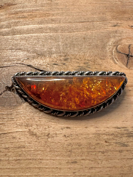 Vintage Embossed Amber 925 Silver Brooch