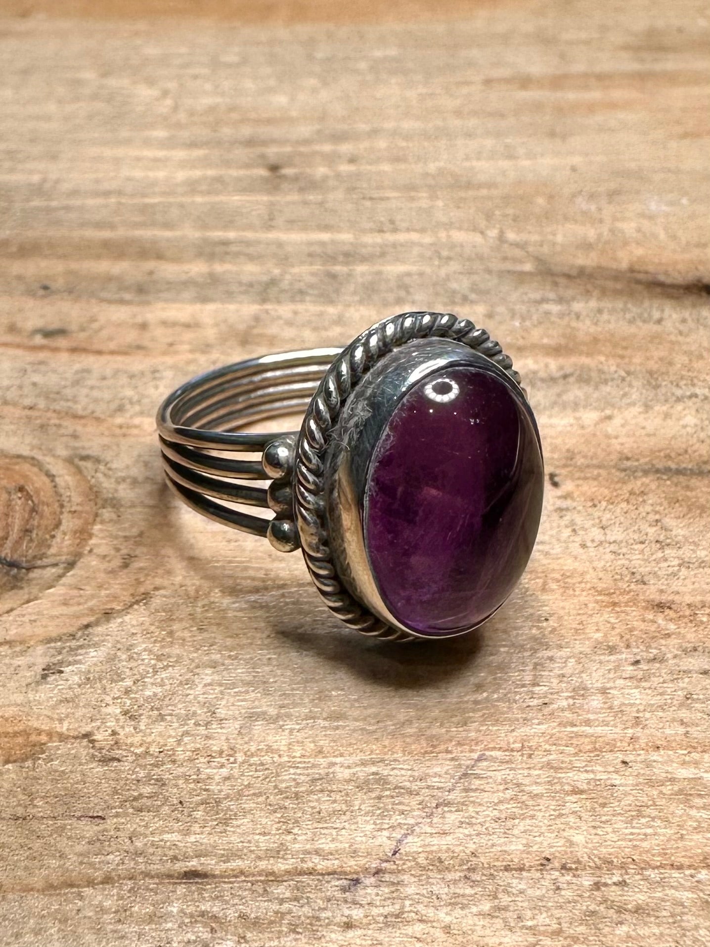Vintage Amethyst Tribal 925 Silver Size N Ring